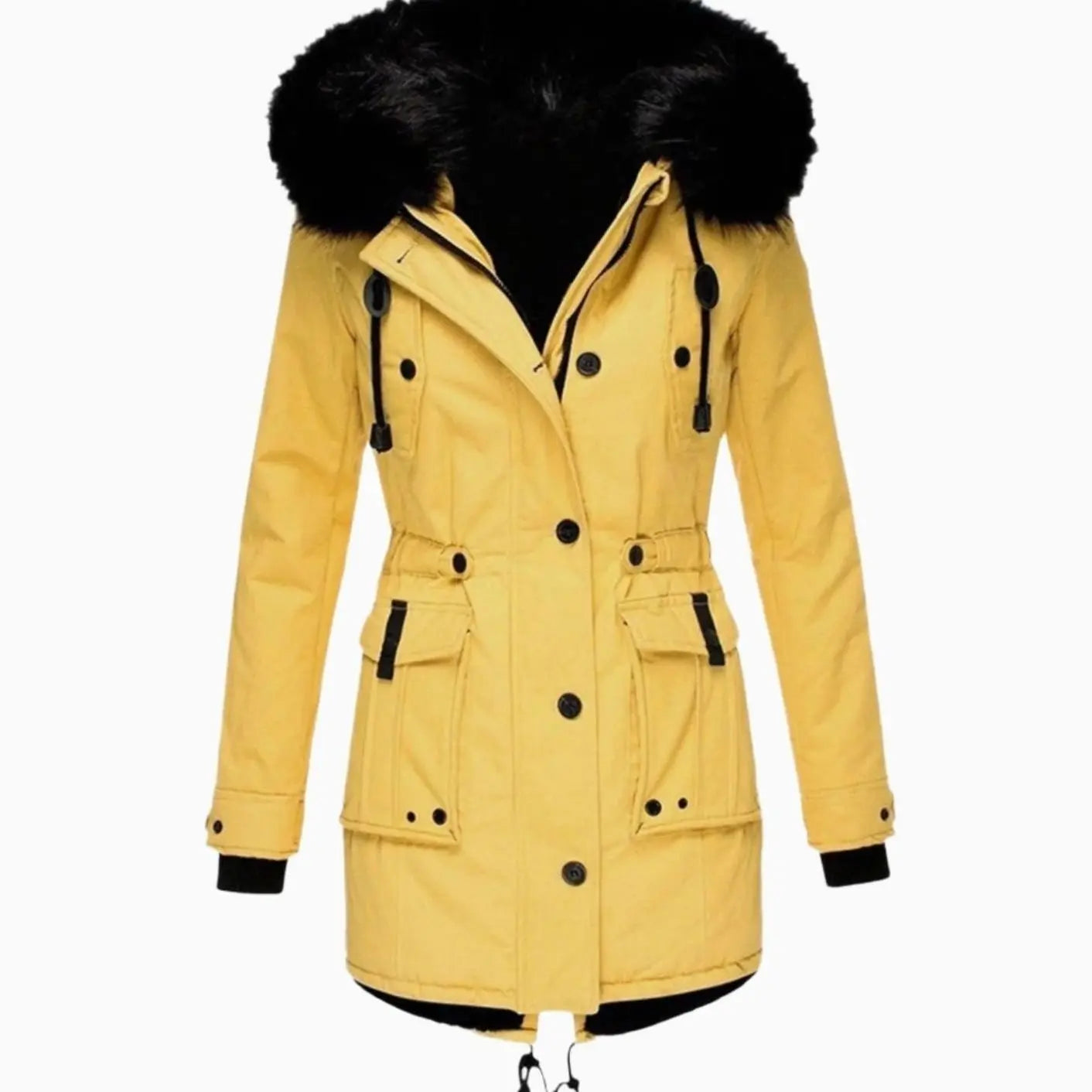 Women's Thick Faux Fur Hooded Insulated Parka Coat - Yellow