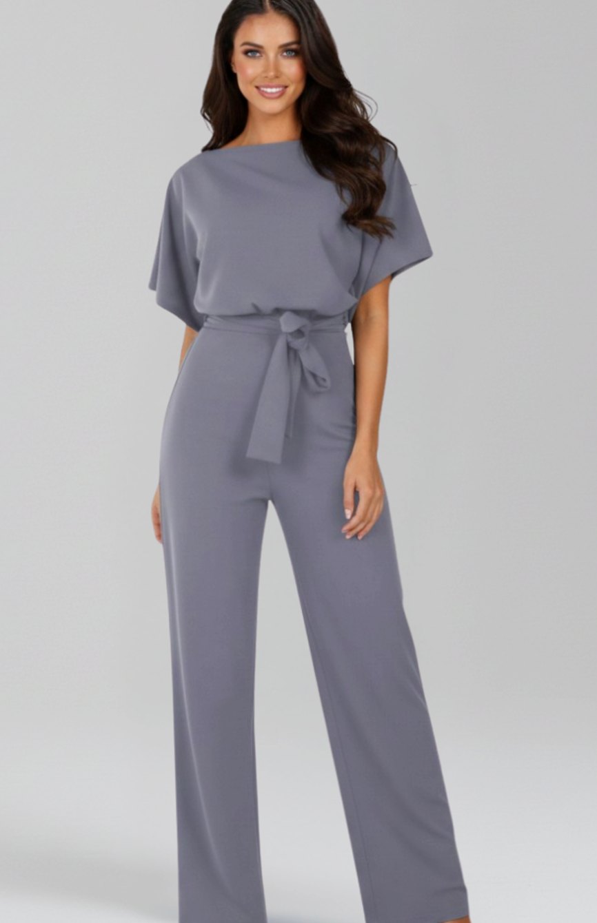 Women's Tie-Belt Wide-Leg Short-Sleeve Jumpsuit - Grey
