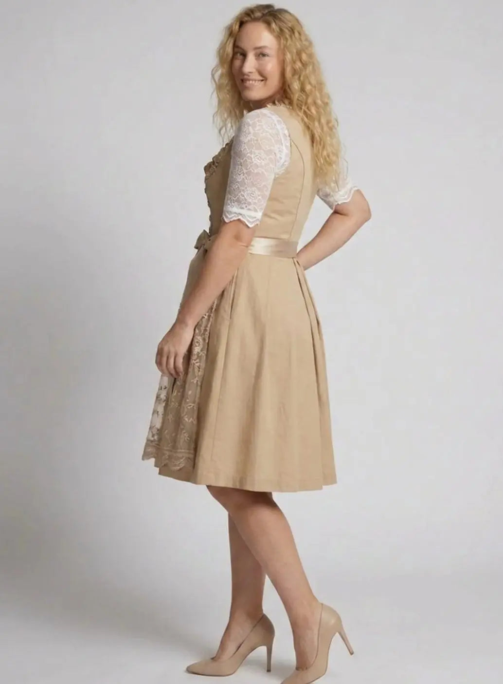 Women's Traditional Lace-Blouse Lace-Up Dirndl Midi Dress