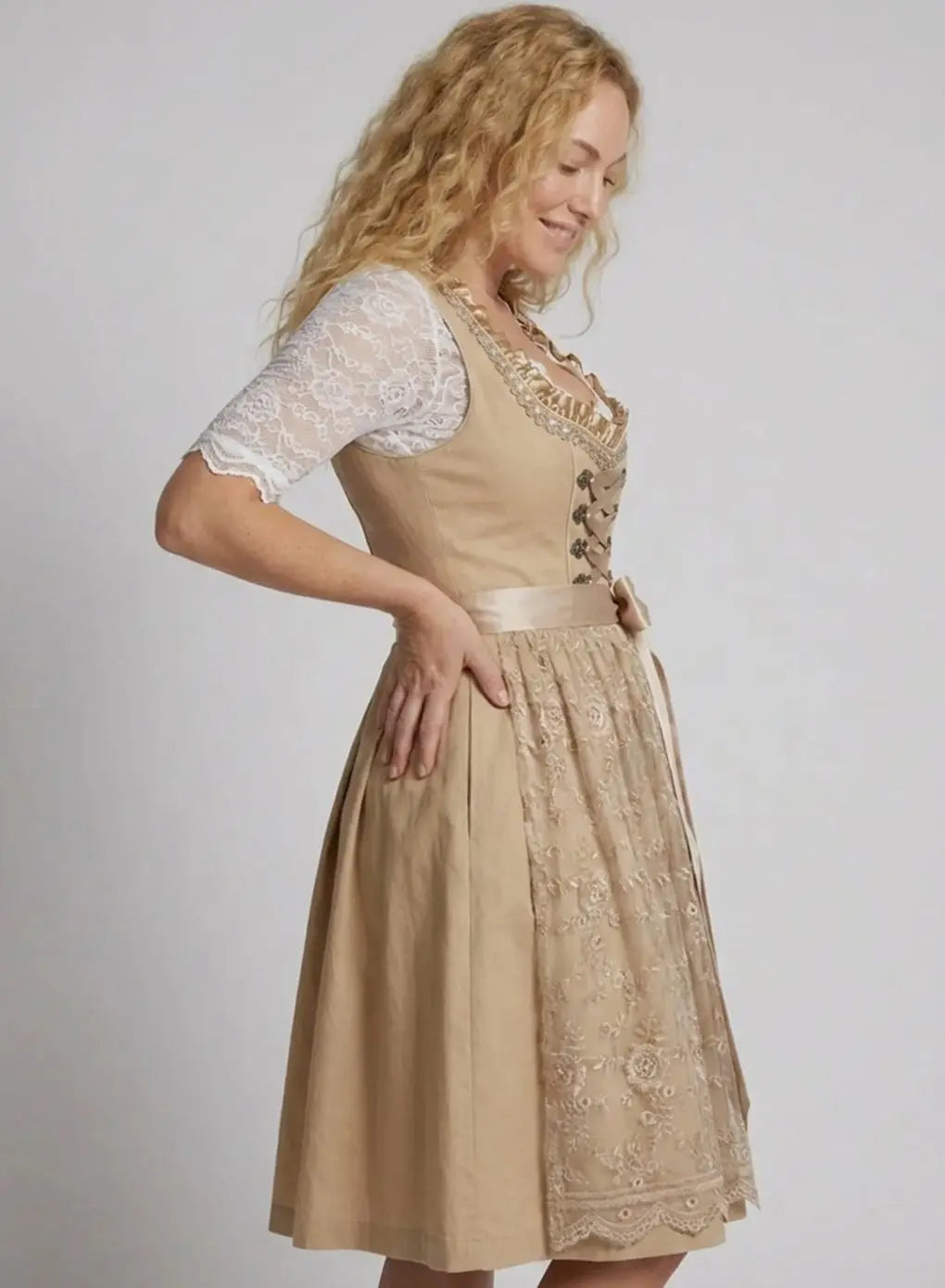 Women's Traditional Lace-Blouse Lace-Up Dirndl Midi Dress