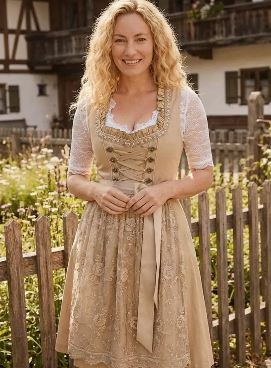 Women's Traditional Lace-Blouse Lace-Up Dirndl Midi Dress