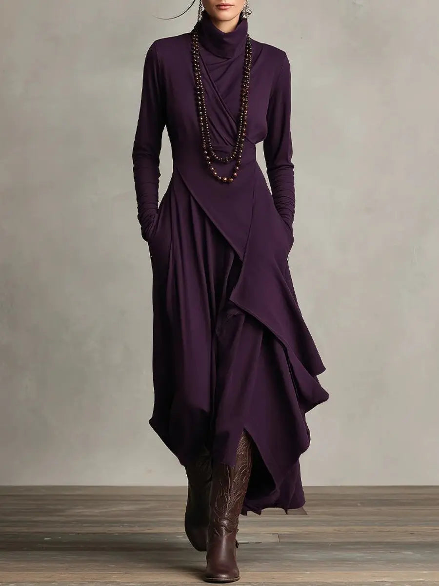 Women's Turtleneck Long Sleeve Dress Asymmetric Hem Maxi - Purple
