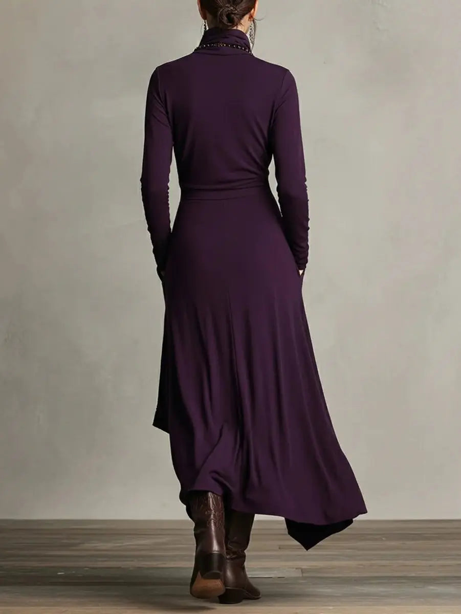Women's Turtleneck Long Sleeve Dress Asymmetric Hem Maxi