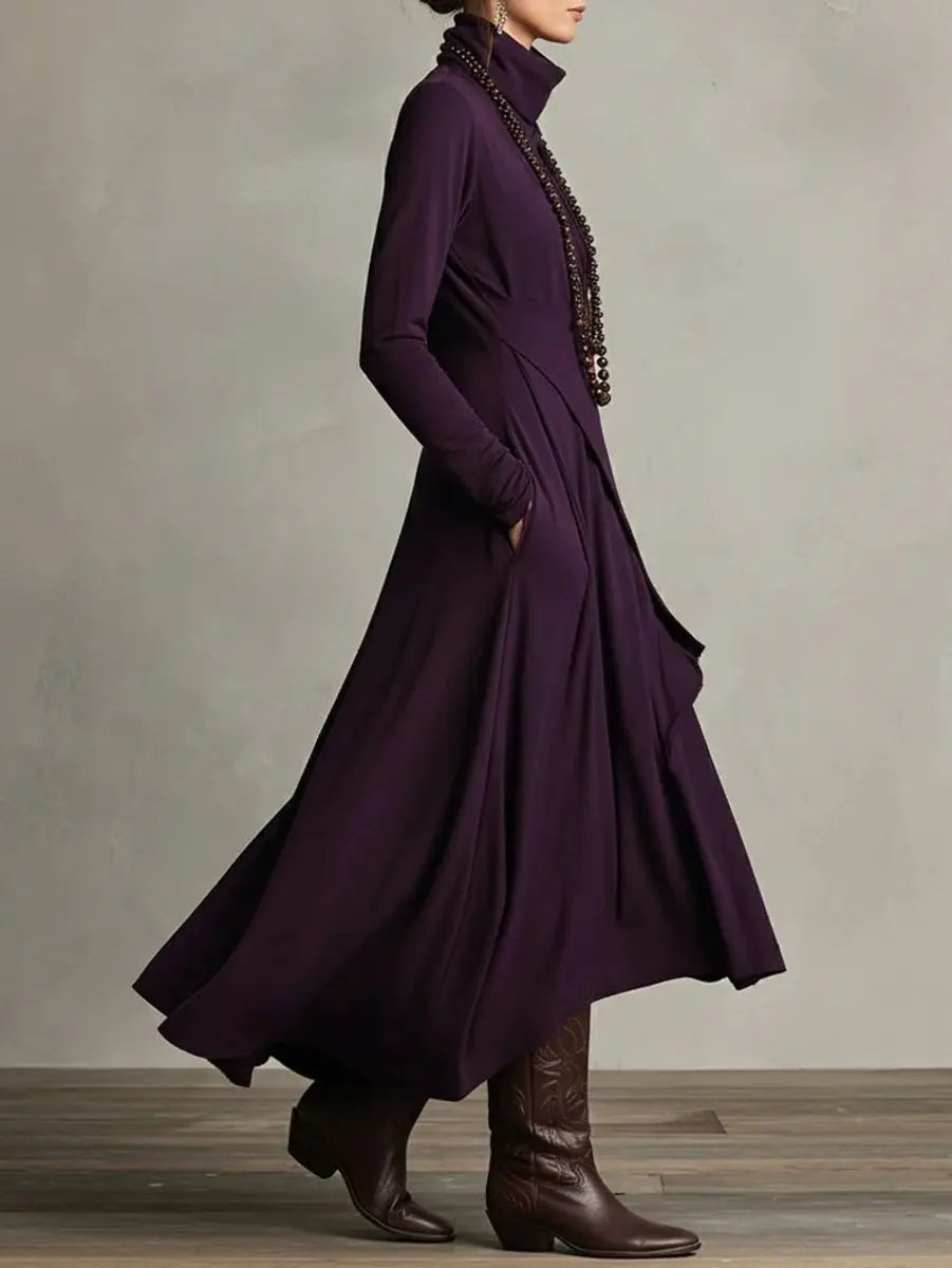 Women's Turtleneck Long Sleeve Dress Asymmetric Hem Maxi