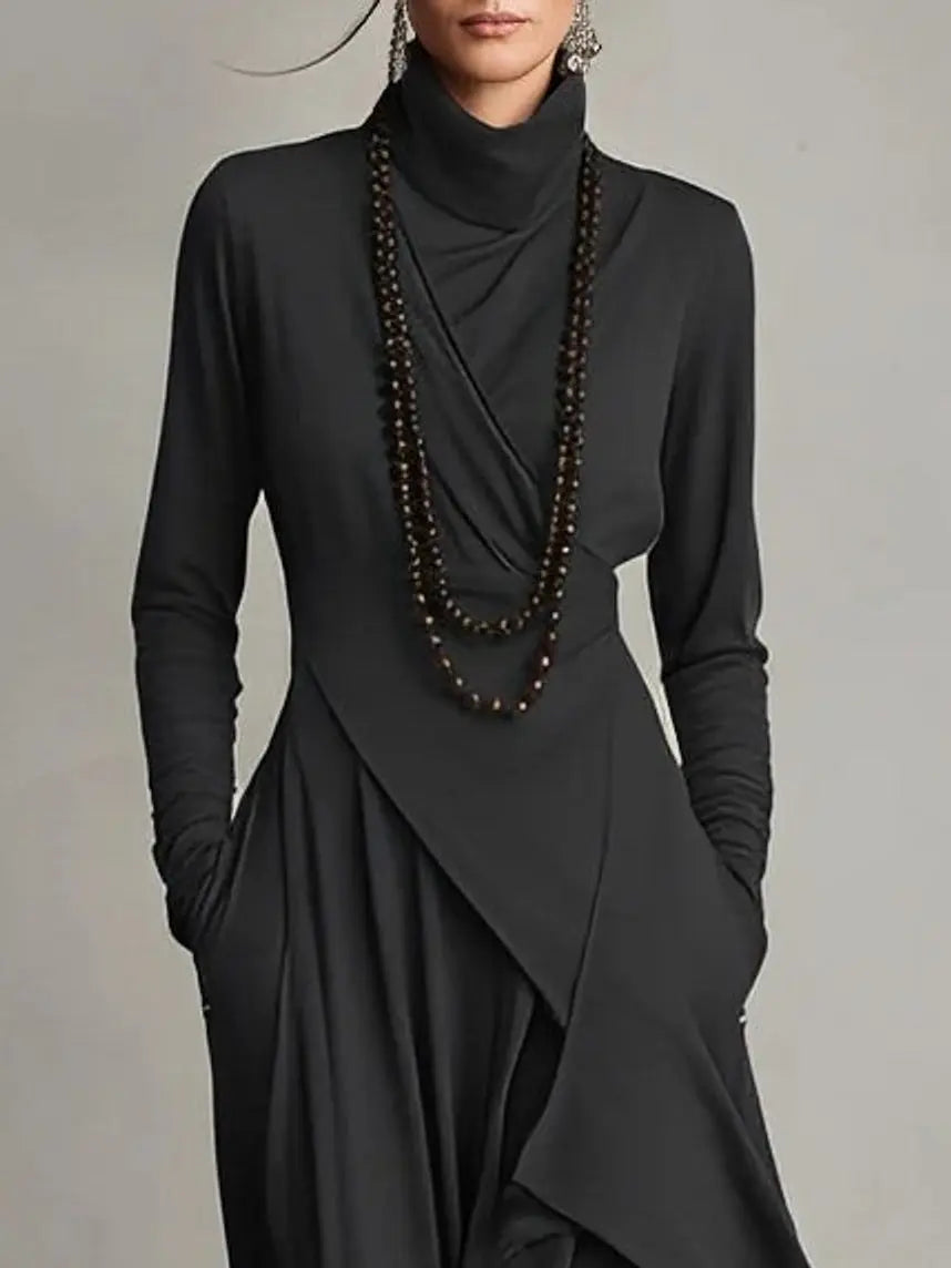 Women's Turtleneck Long Sleeve Dress Asymmetric Hem Maxi