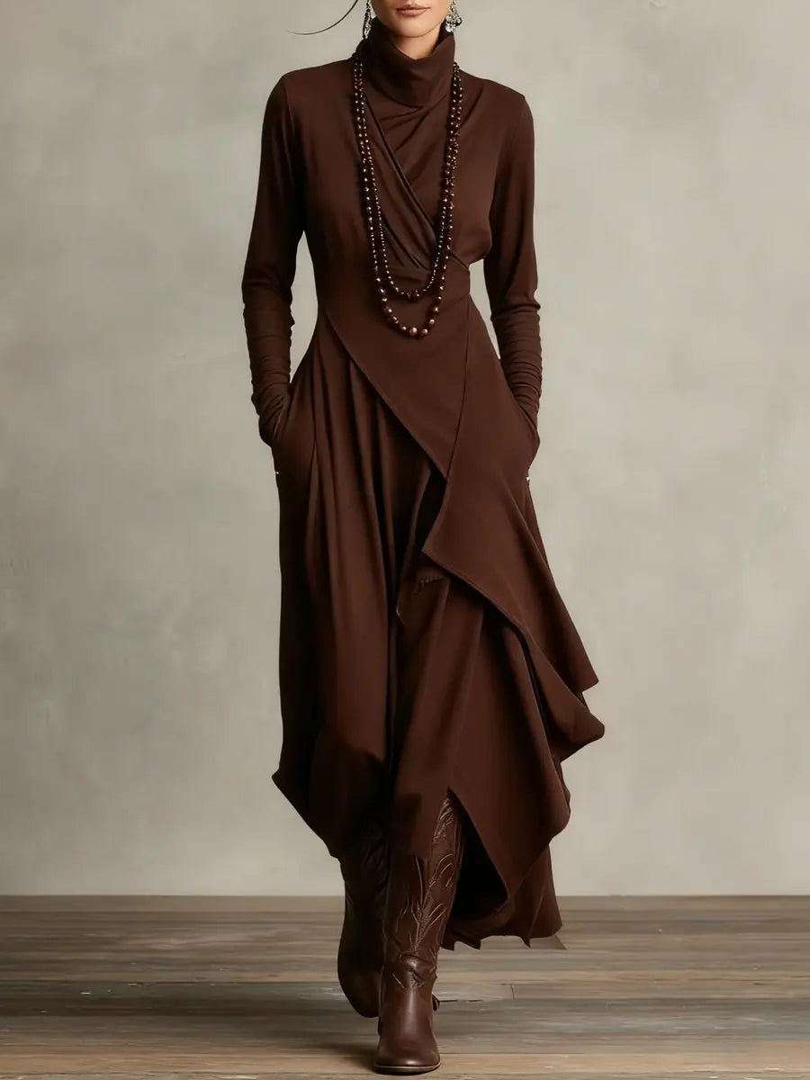 Women's Turtleneck Long Sleeve Dress Asymmetric Hem Maxi - Brown