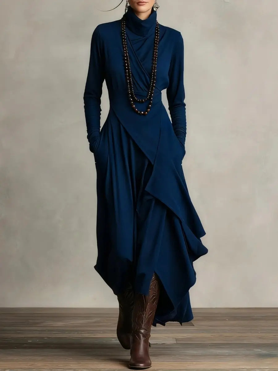 Women's Turtleneck Long Sleeve Dress Asymmetric Hem Maxi - Navy Blue