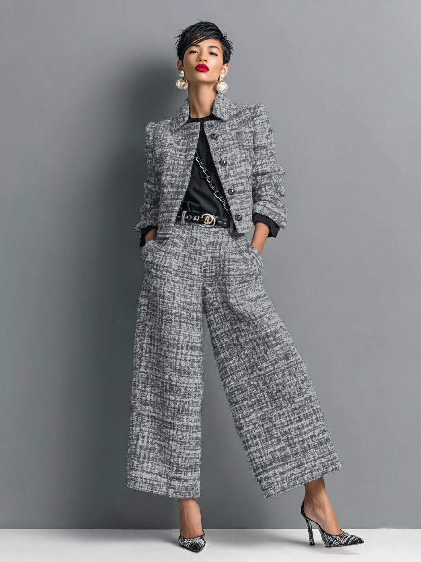 Women's Tweed Two Piece Suit Cropped Blazer Wide Leg Trousers - Schwarz