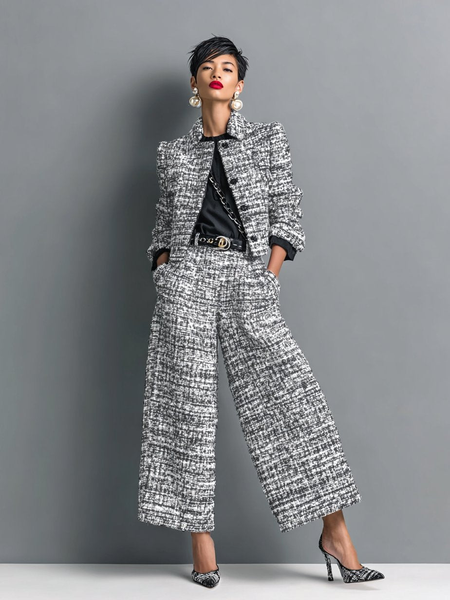 Women's Tweed Two Piece Suit Cropped Blazer Wide Leg Trousers - Grau