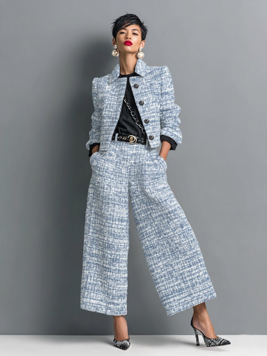 Women's Tweed Two Piece Suit Cropped Blazer Wide Leg Trousers - Blau