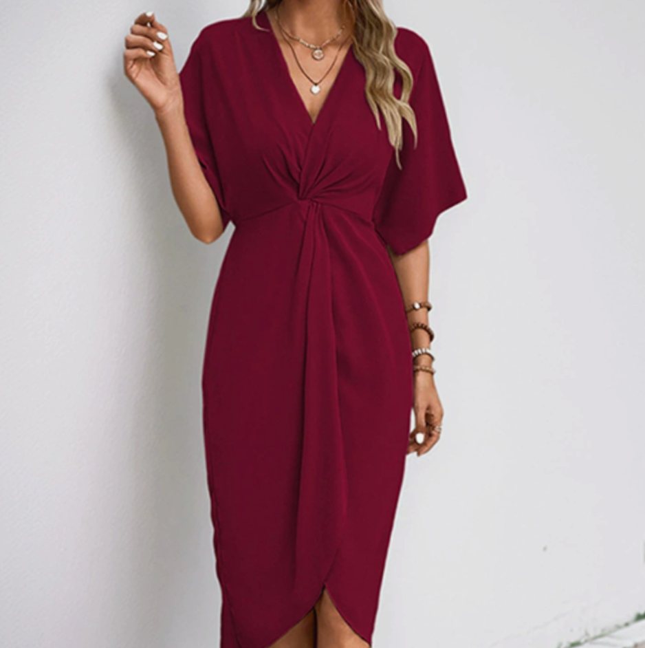 Women's Twist-Front V-Neck Midi Wrap Dress - Red