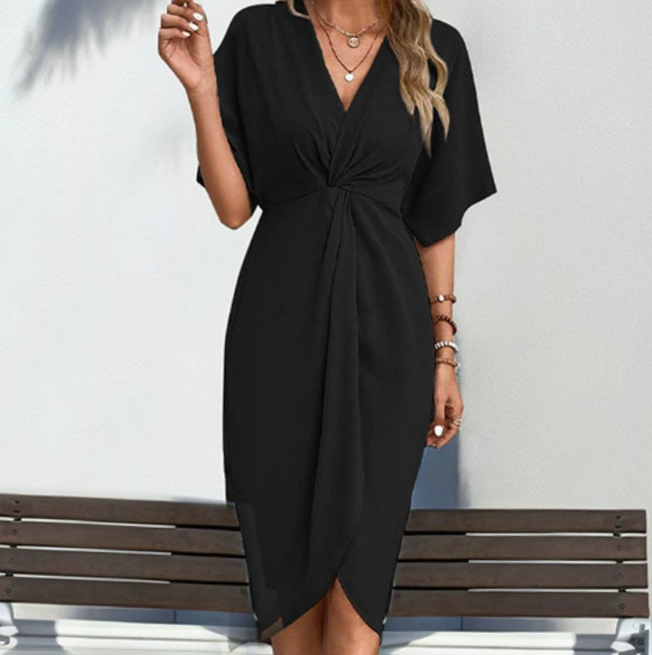 Women's Twist-Front V-Neck Midi Wrap Dress - Black