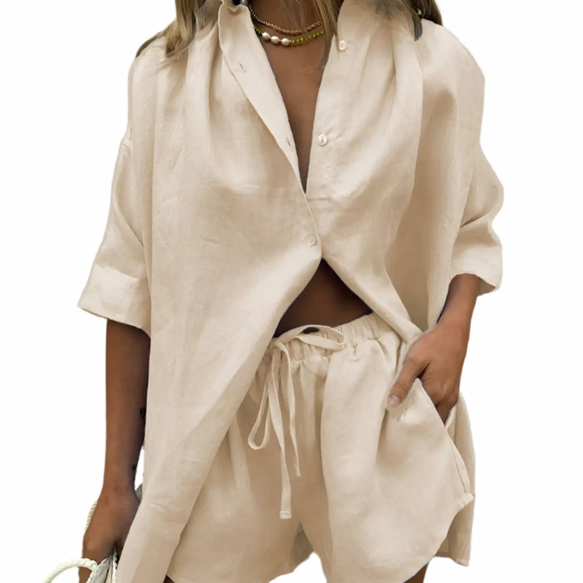 Women's Two-Piece Loungewear Set Button-Up Shirt Drawstring Shorts - Beige