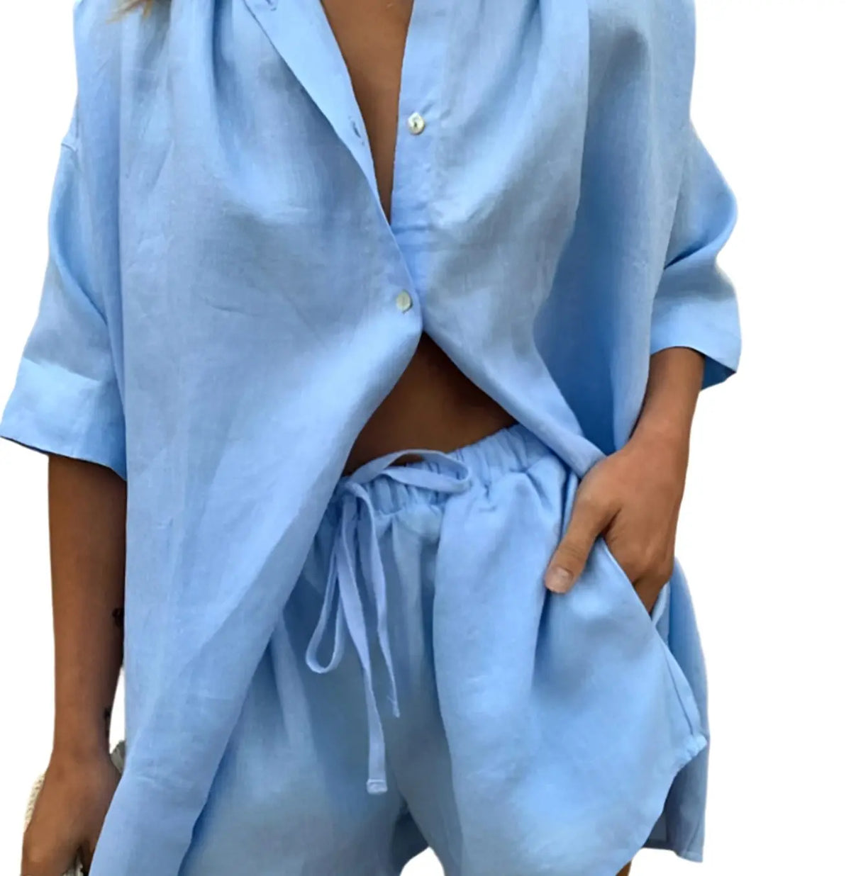 Women's Two-Piece Loungewear Set Button-Up Shirt Drawstring Shorts - Blue