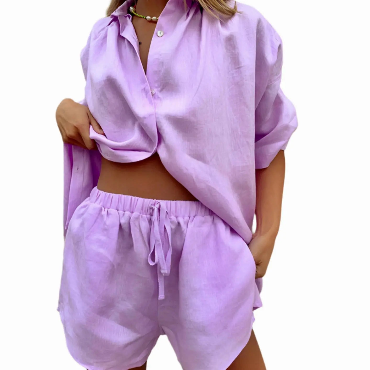 Women's Two-Piece Loungewear Set Button-Up Shirt Drawstring Shorts - Purple