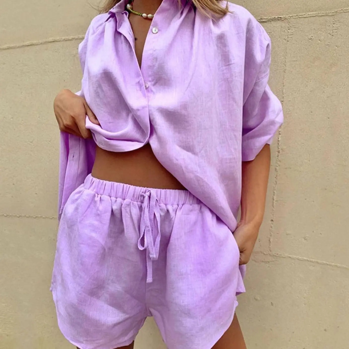Women's Two-Piece Loungewear Set Button-Up Shirt Drawstring Shorts