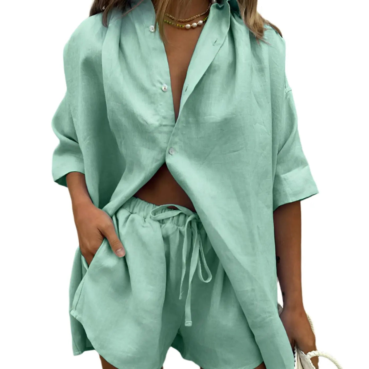 Women's Two-Piece Loungewear Set Button-Up Shirt Drawstring Shorts - Green