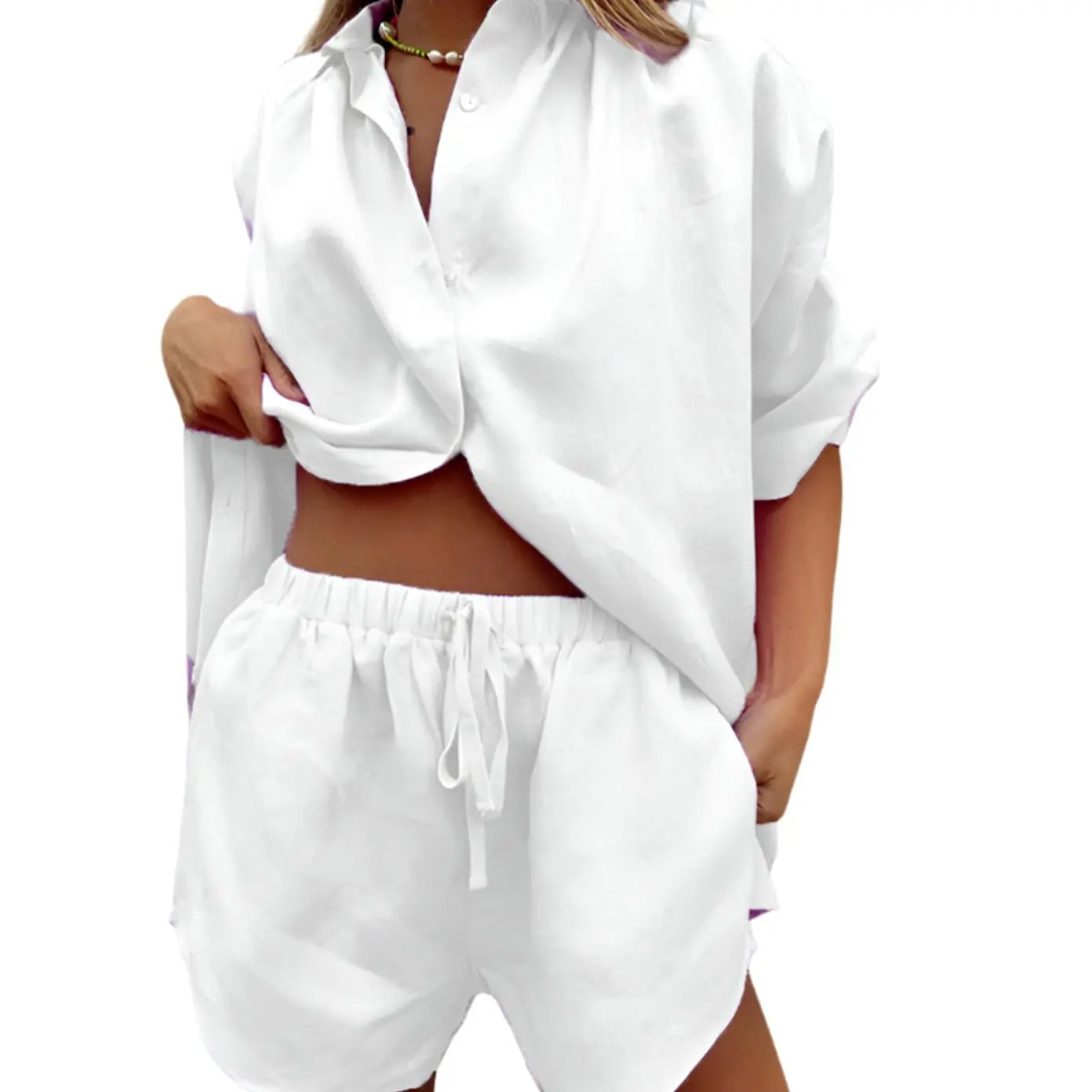 Women's Two-Piece Loungewear Set Button-Up Shirt Drawstring Shorts - White