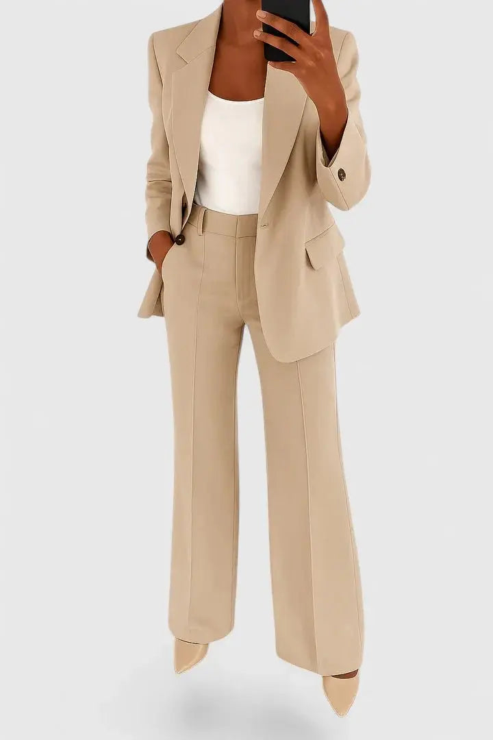 Women's Two Piece Suit Set Tailored Blazer Trousers Office - Beige