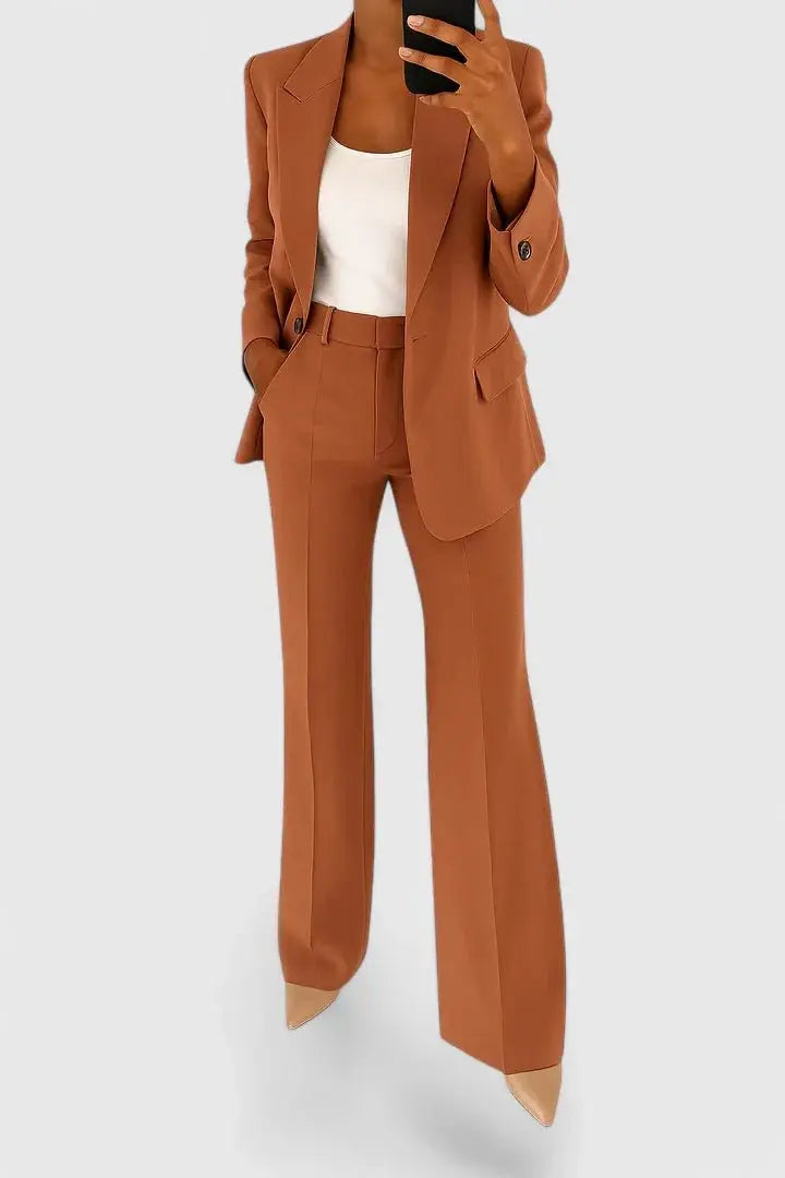 Women's Two Piece Suit Set Tailored Blazer Trousers Office - Brown