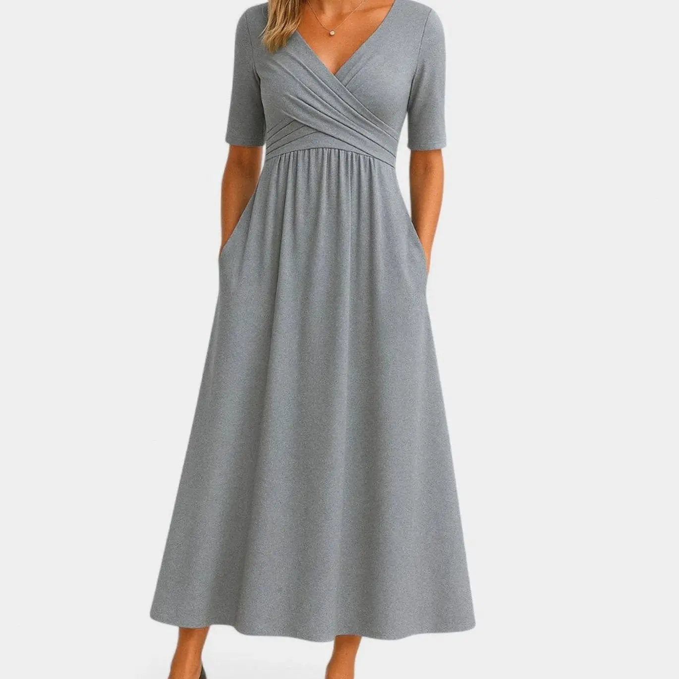 Women's V-Neck A-Line Midi Summer Dress Short Sleeve Crossover Waist - Grey