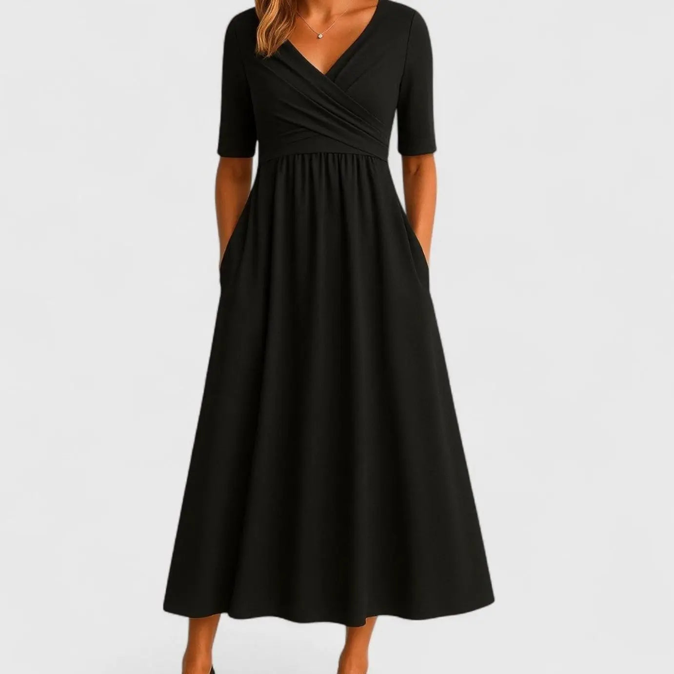 Women's V-Neck A-Line Midi Summer Dress Short Sleeve Crossover Waist - Black