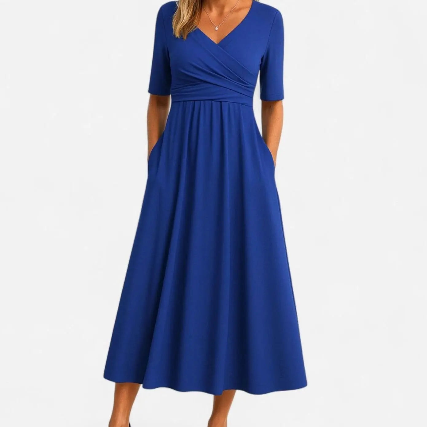 Women's V-Neck A-Line Midi Summer Dress Short Sleeve Crossover Waist - Blue