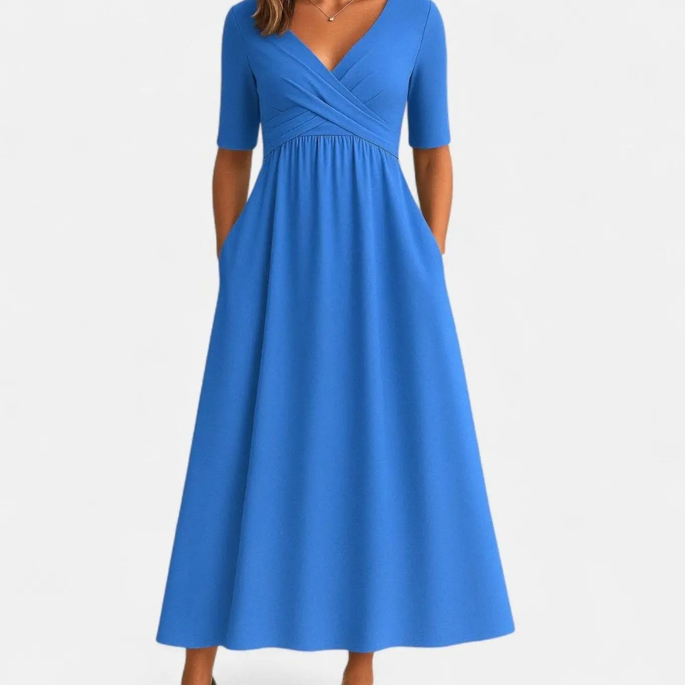 Women's V-Neck A-Line Midi Summer Dress Short Sleeve Crossover Waist - Azure Blue