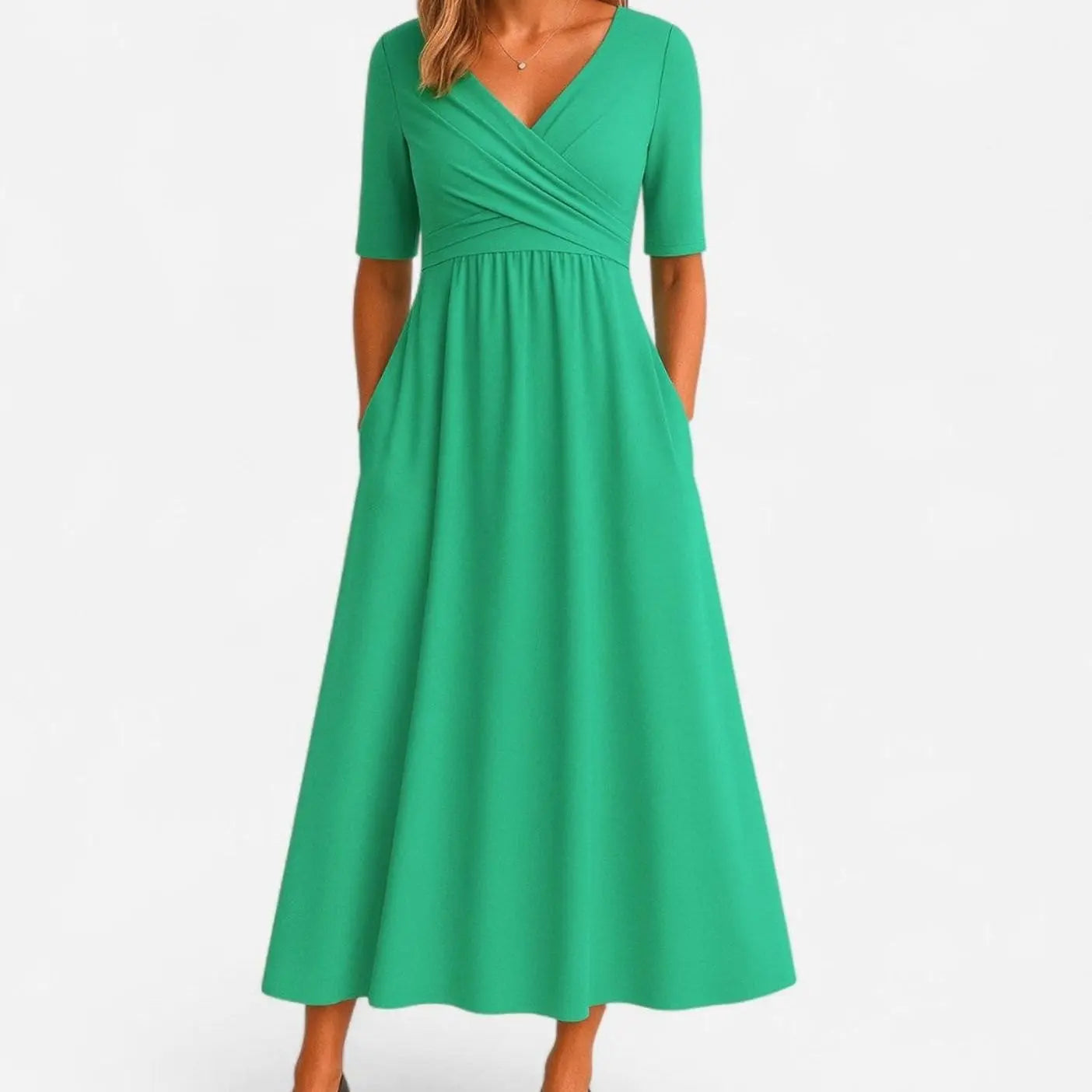 Women's V-Neck A-Line Midi Summer Dress Short Sleeve Crossover Waist - Green