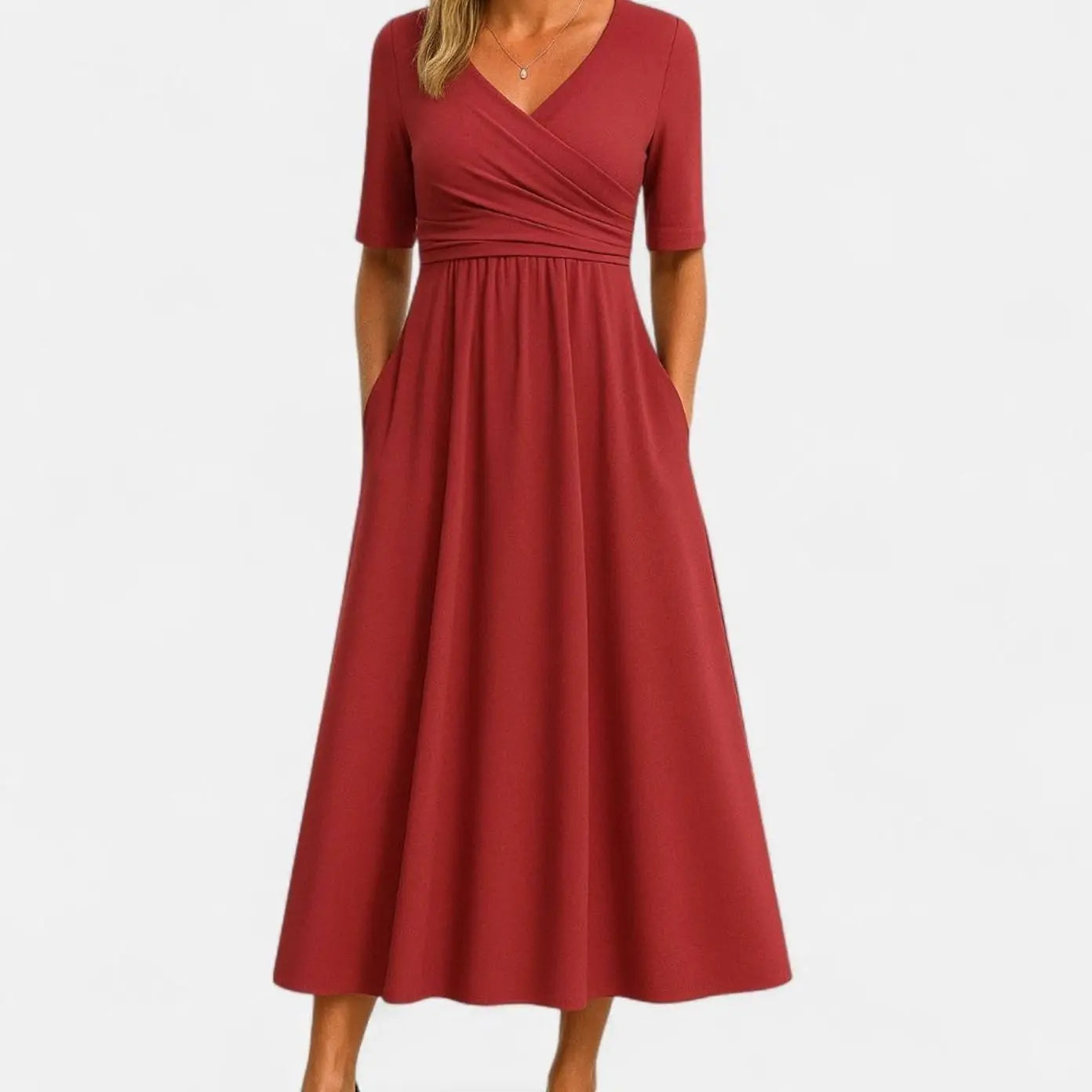 Women's V-Neck A-Line Midi Summer Dress Short Sleeve Crossover Waist - Red