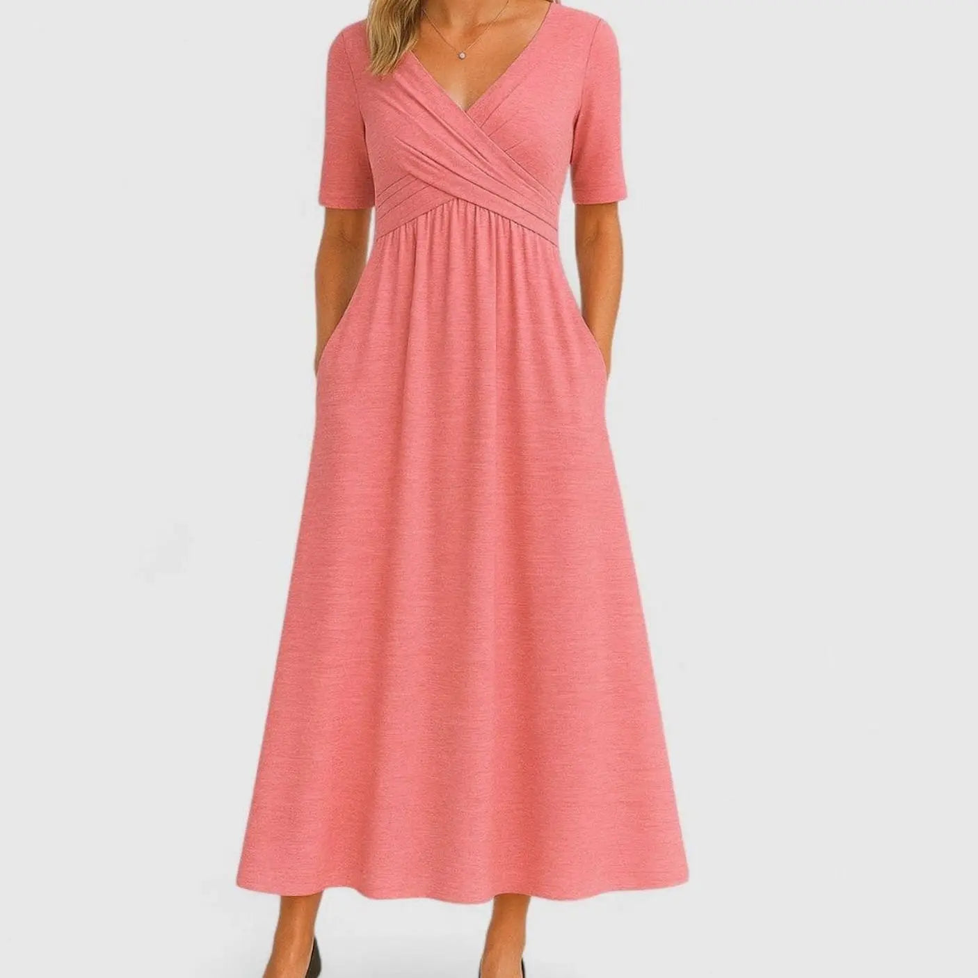 Women's V-Neck A-Line Midi Summer Dress Short Sleeve Crossover Waist - Pink