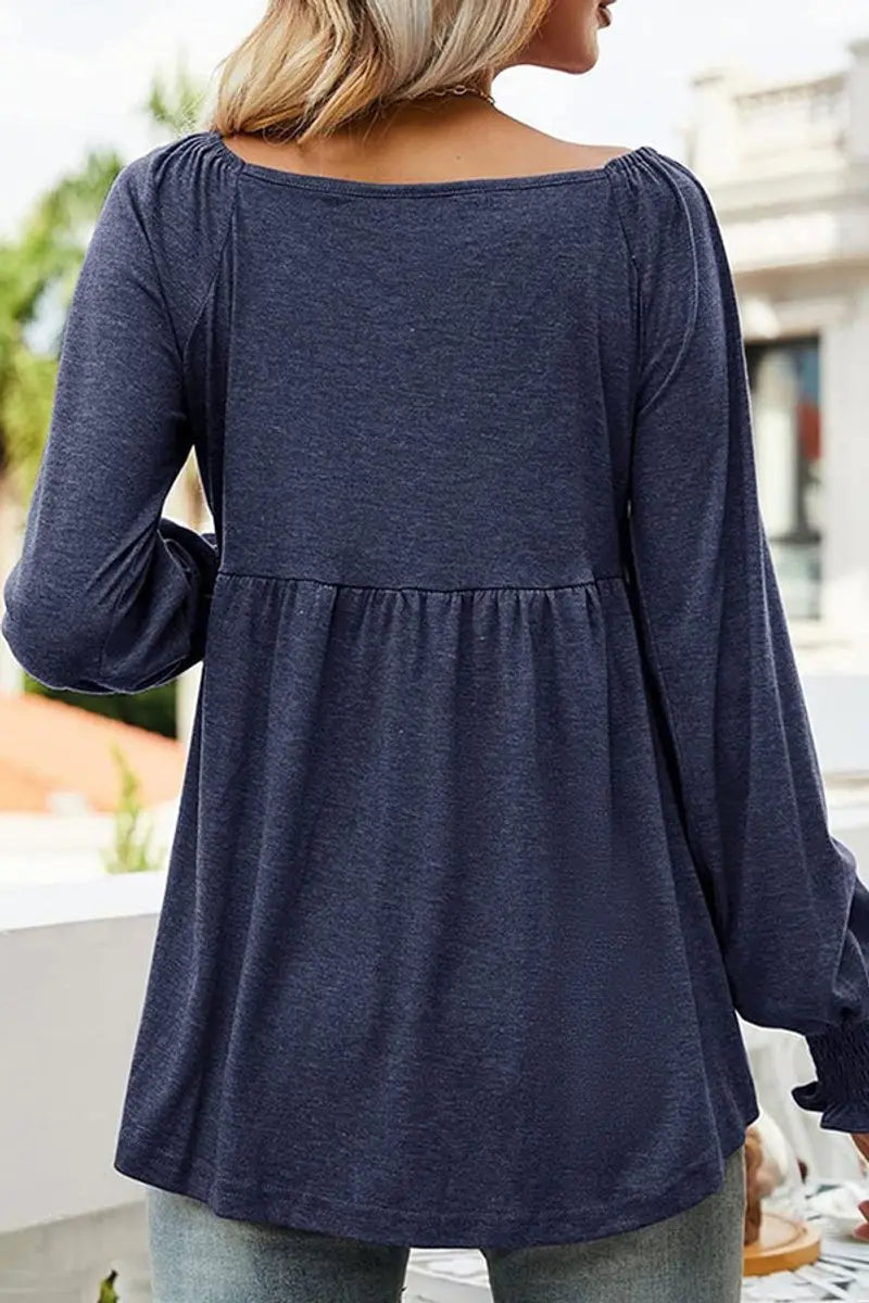 Women's V-Neck Babydoll Smocked-Cuff Flowy Tunic Top