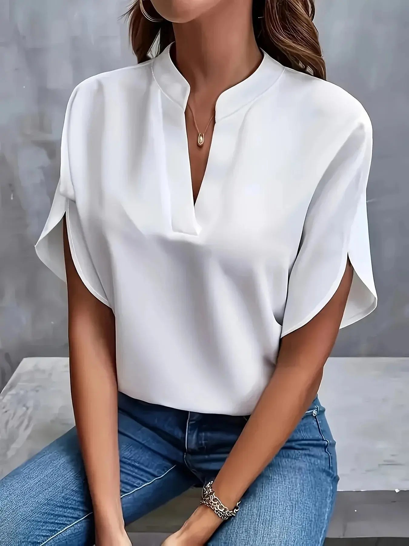 Women's V-Neck Blouse Cap Sleeves Sophisticated - White