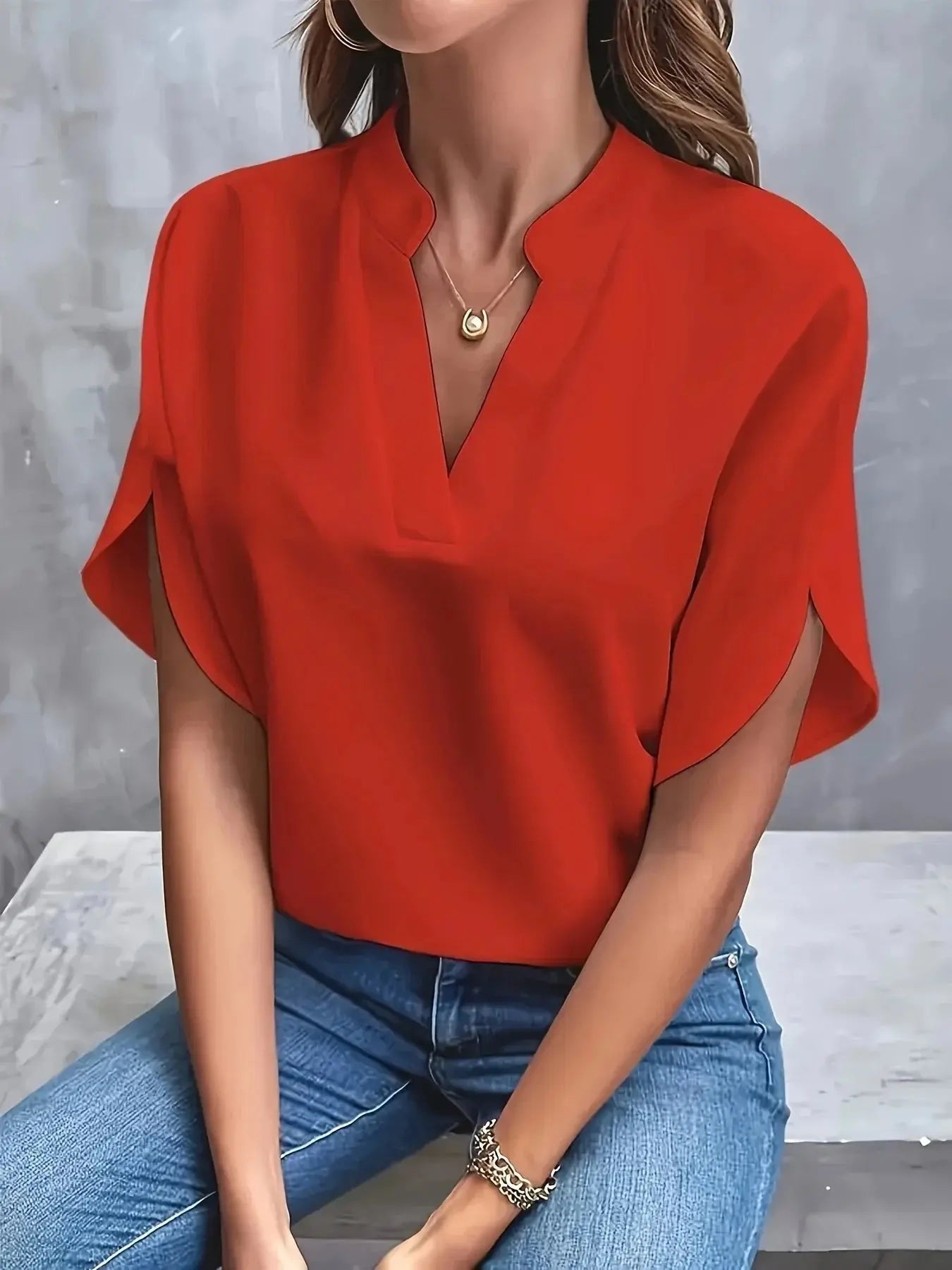 Women's V-Neck Blouse Cap Sleeves Sophisticated - Red