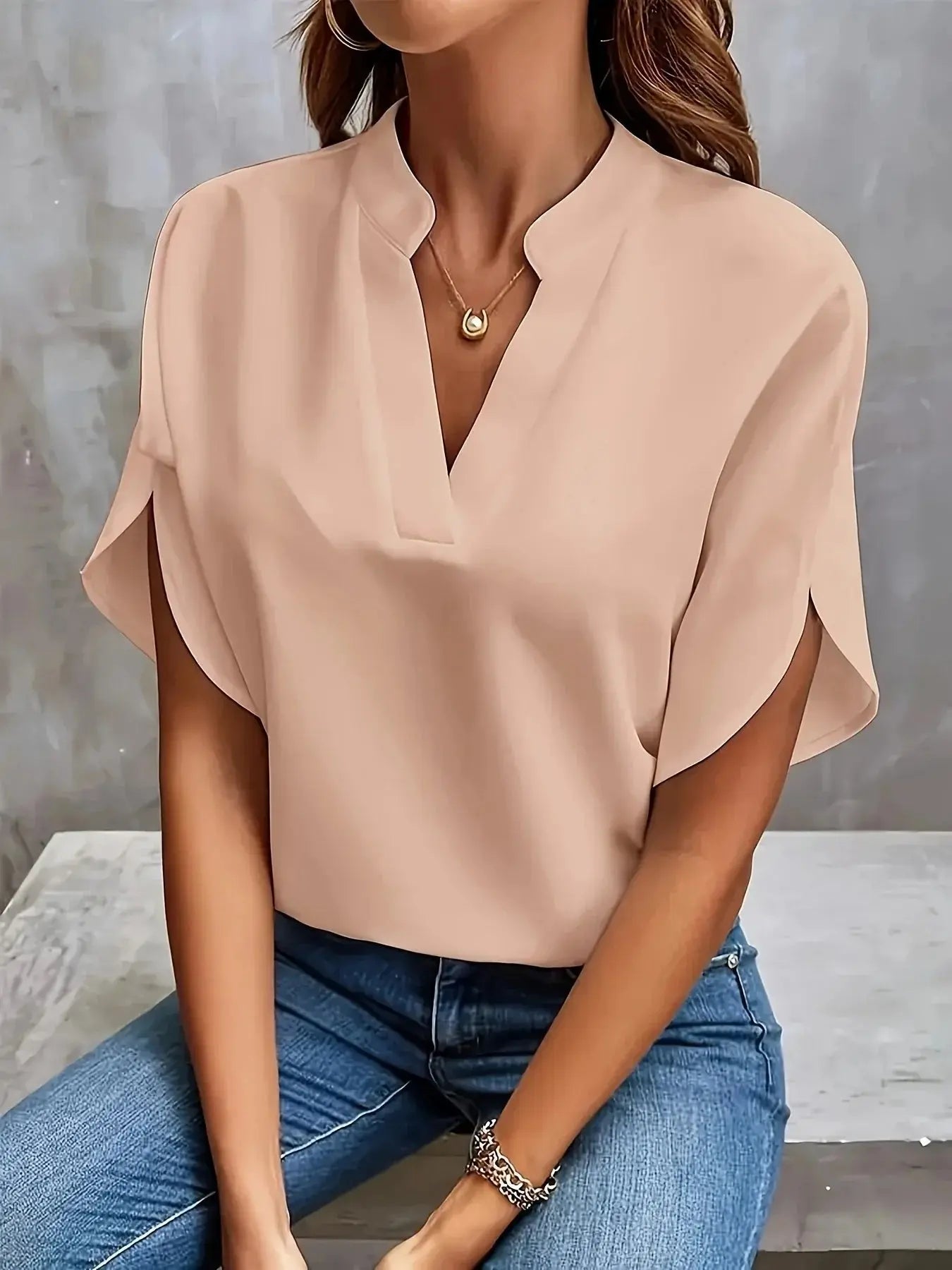 Women's V-Neck Blouse Cap Sleeves Sophisticated - Pink