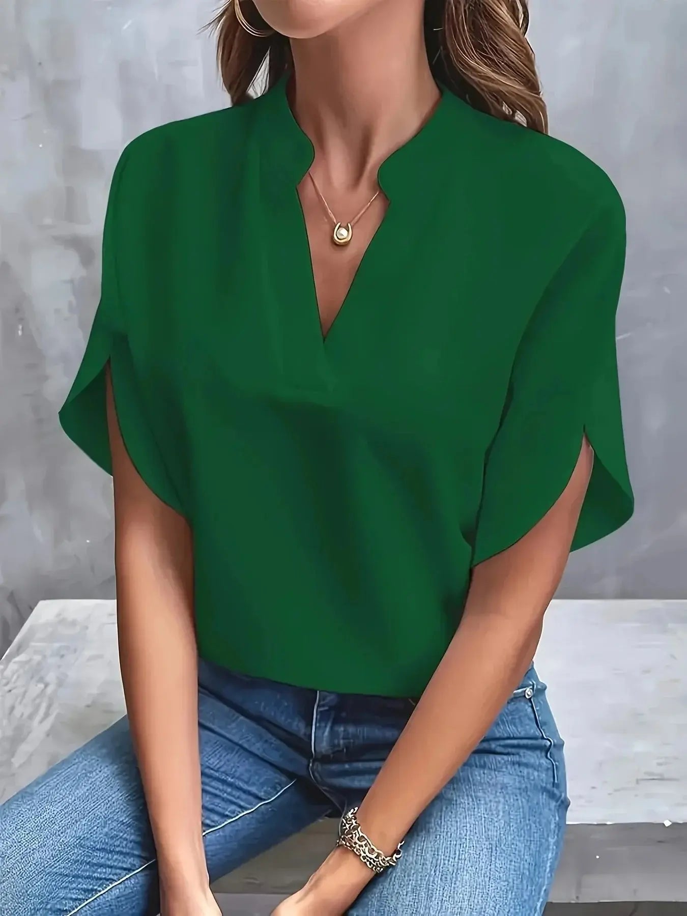 Women's V-Neck Blouse Cap Sleeves Sophisticated - Green