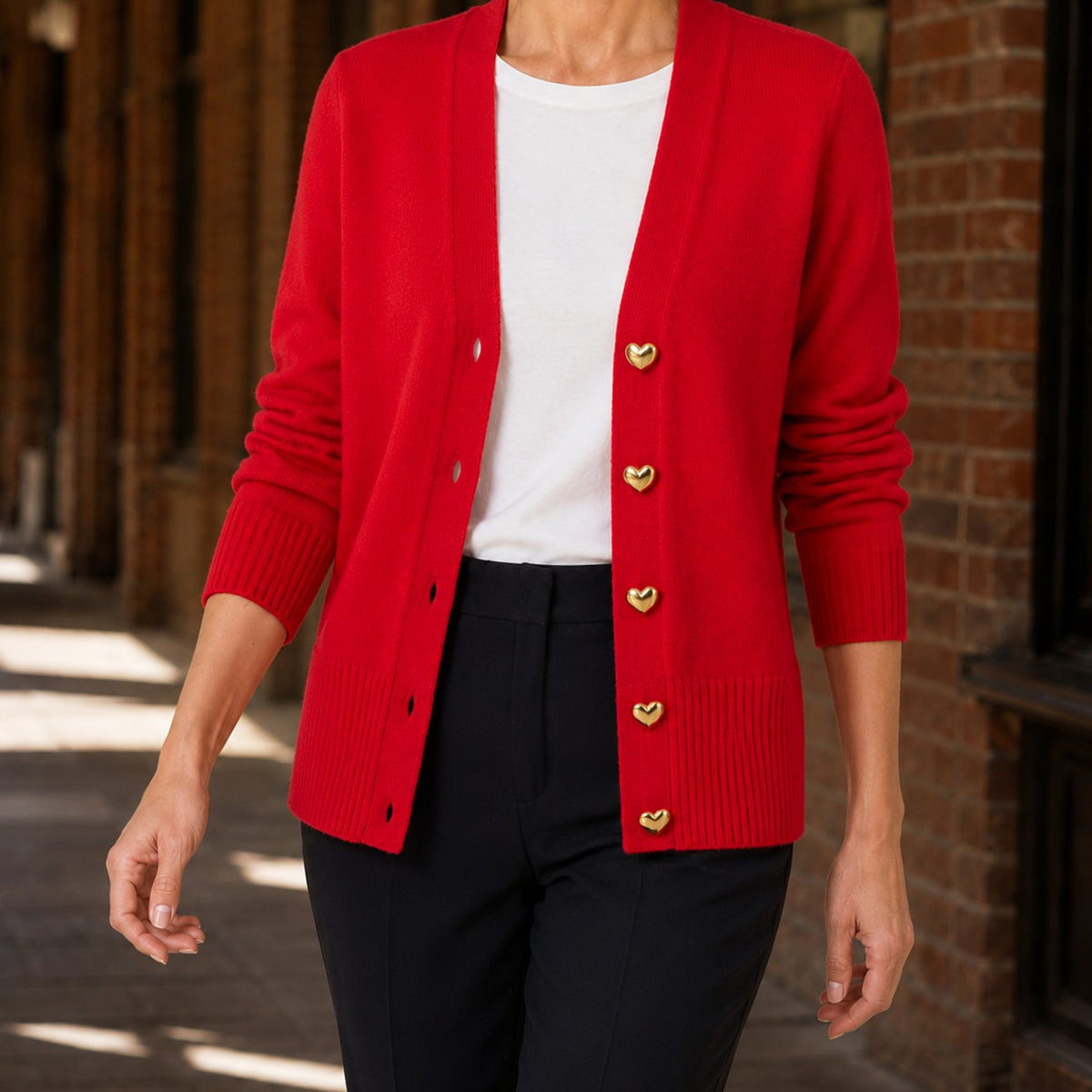 Women's V-Neck Button-Front Knitted Cardigan - Red