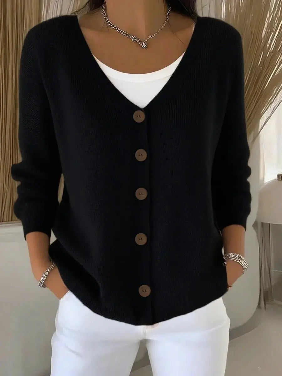 Women's V-Neck Button-Front Long Sleeve Knit Sweater - Black