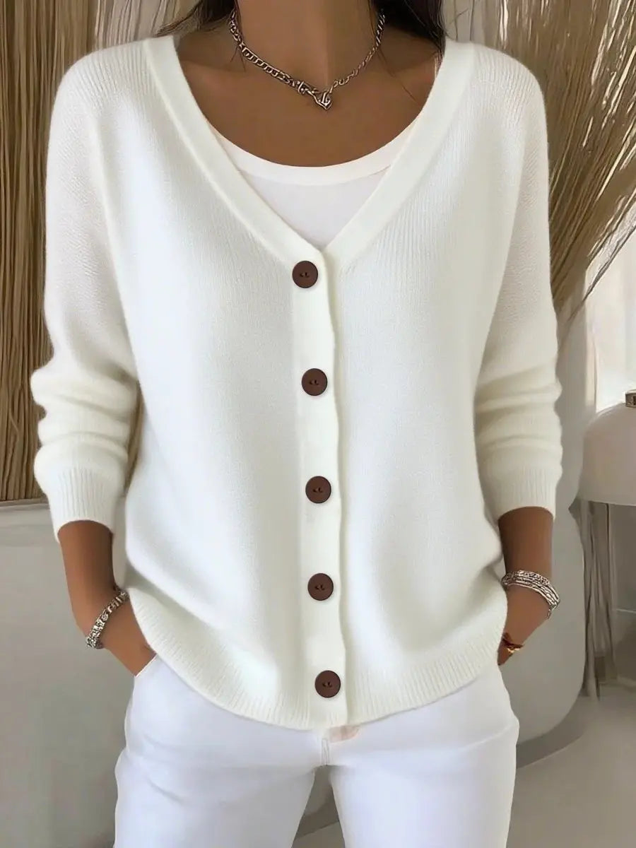 Women's V-Neck Button-Front Long Sleeve Knit Sweater - White