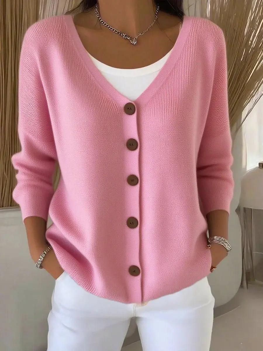 Women's V-Neck Button-Front Long Sleeve Knit Sweater - Pink