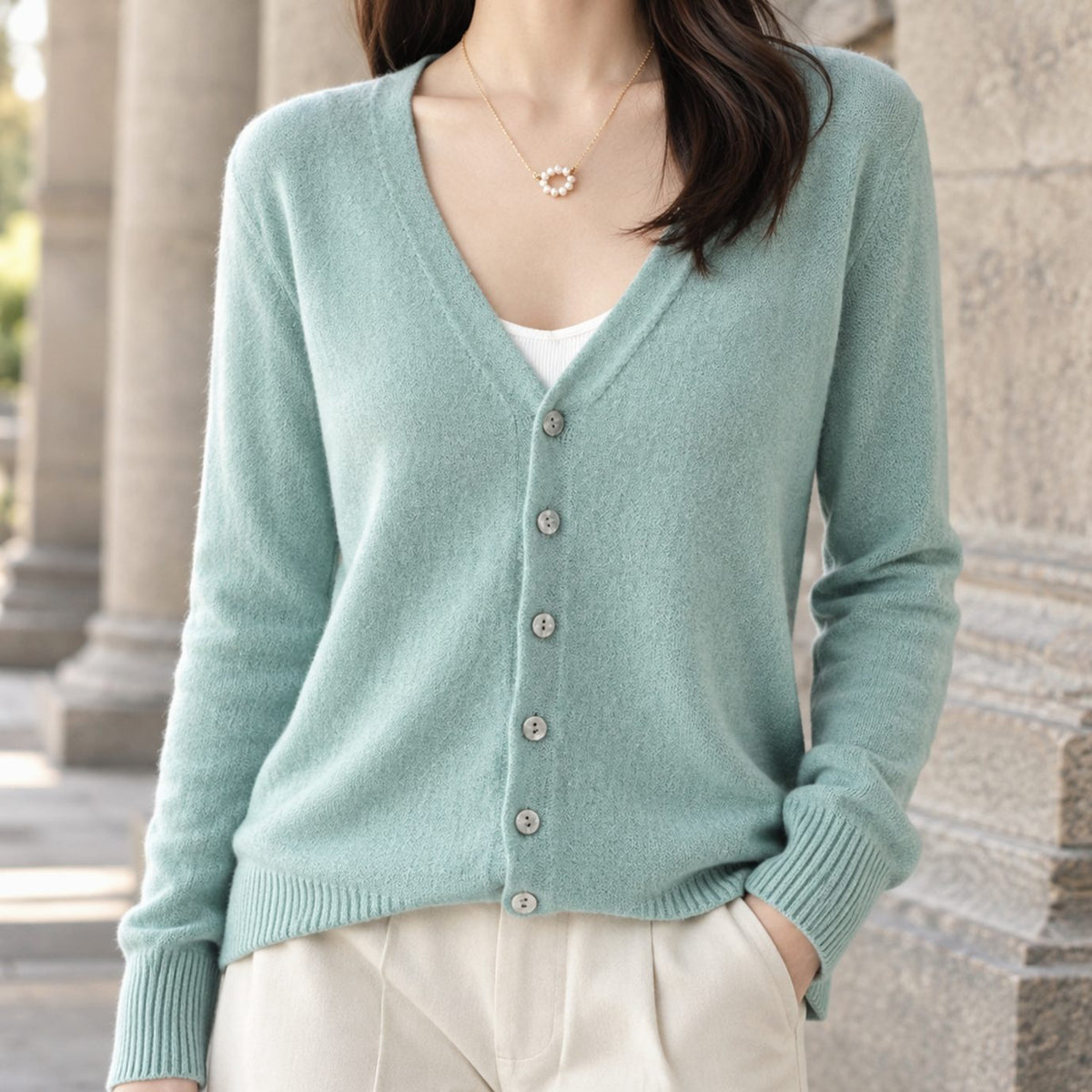 Women's V-Neck Button-Front Relaxed Knit Cardigan - Mint Green
