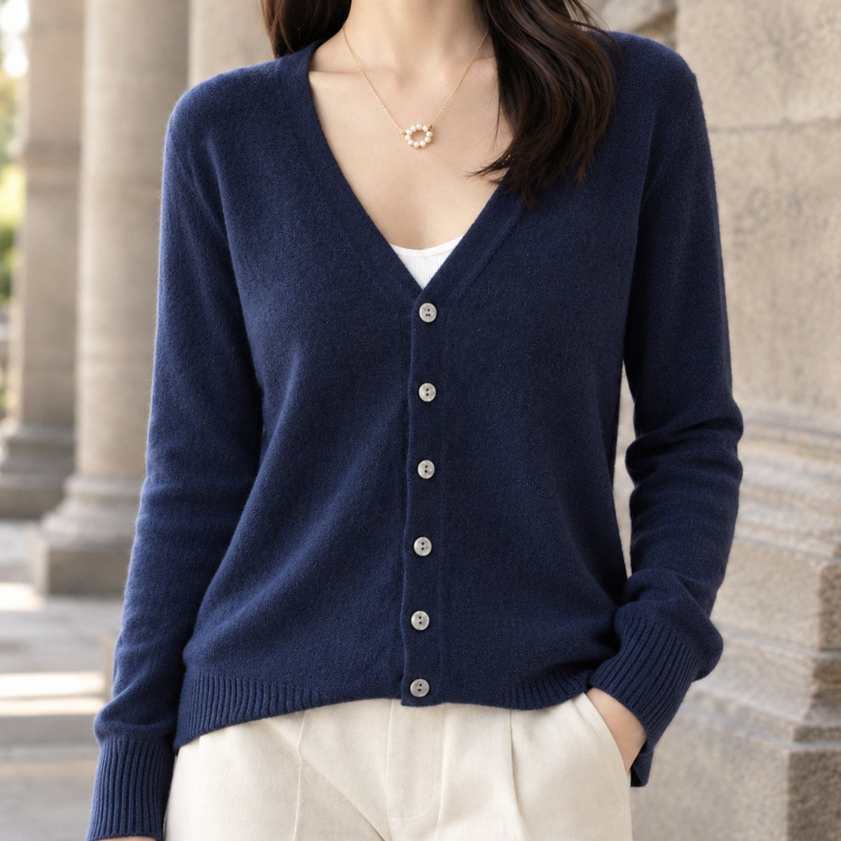 Women's V-Neck Button-Front Relaxed Knit Cardigan - Navy Blue