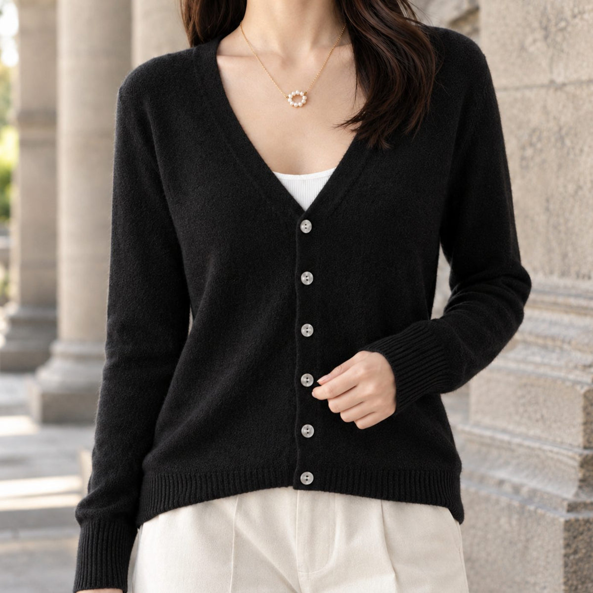 Women's V-Neck Button-Front Relaxed Knit Cardigan - Black