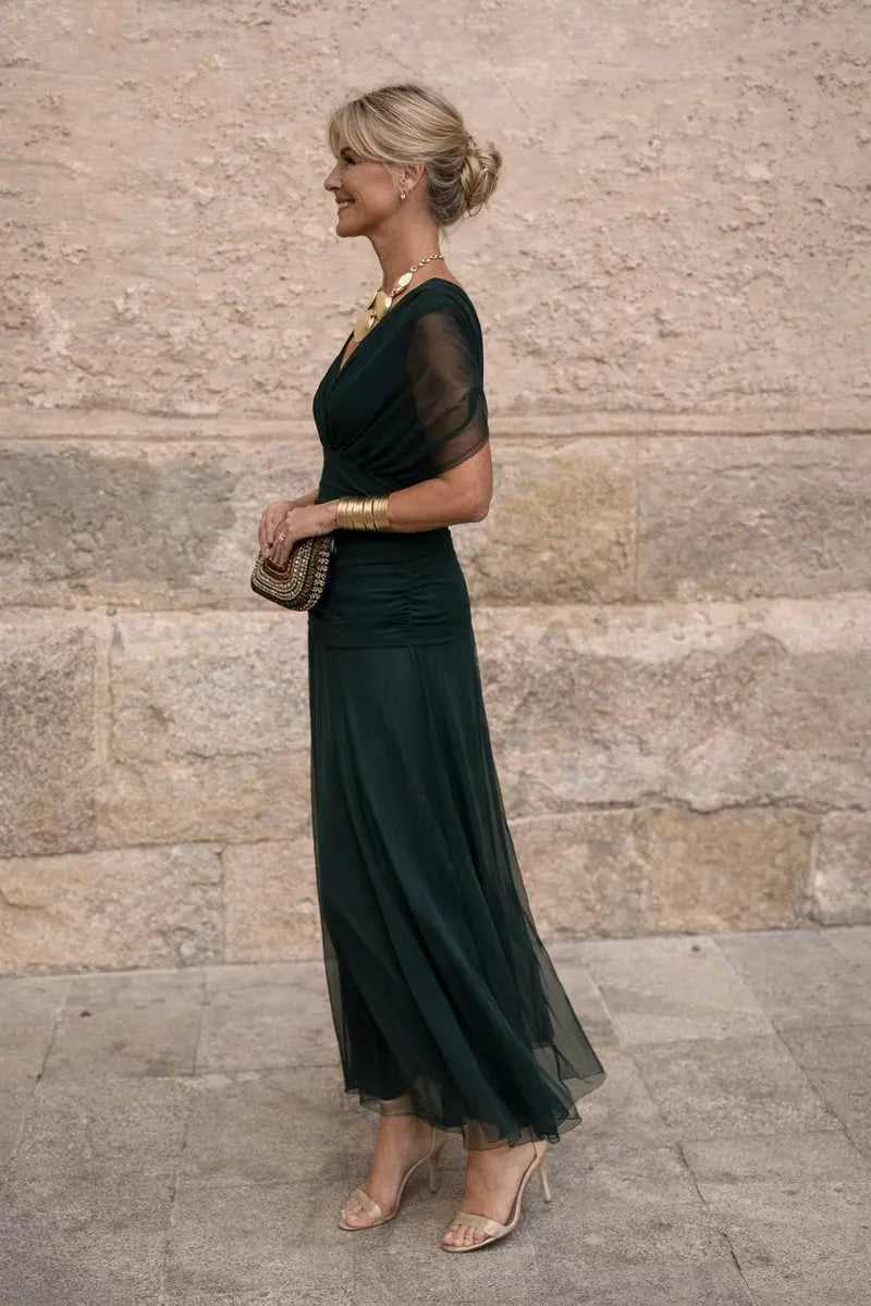Women's V-Neck Chiffon Maxi Cocktail Party Dress Ruched Waist