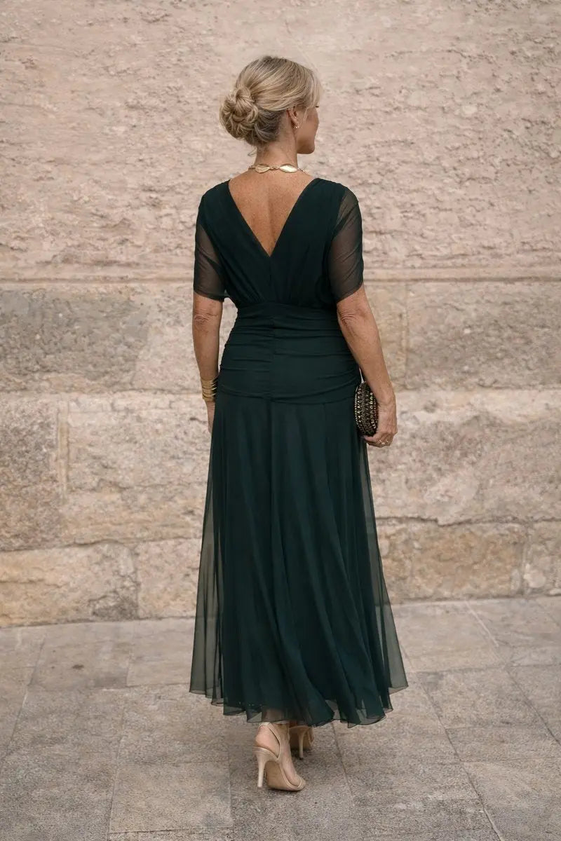 Women's V-Neck Chiffon Maxi Cocktail Party Dress Ruched Waist