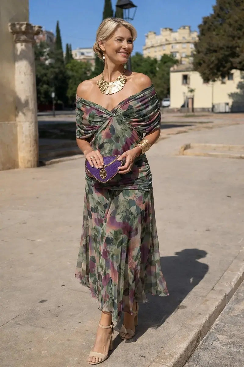 Women's V-Neck Chiffon Maxi Cocktail Party Dress Ruched Waist - Bouquet