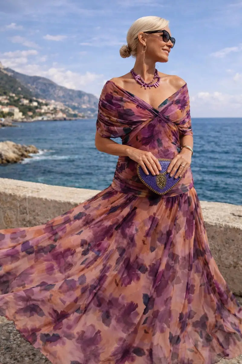 Women's V-Neck Chiffon Maxi Cocktail Party Dress Ruched Waist - Enchanted Garden