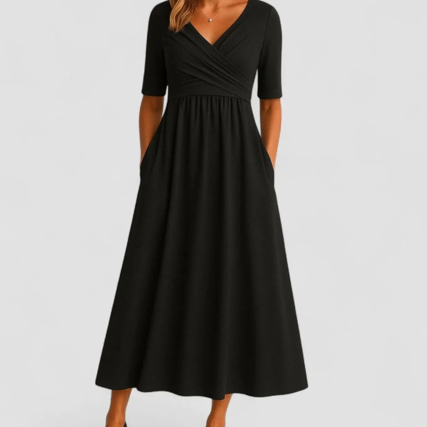 Women's V-Neck Crossover Ruched Waist Midi Dress Pockets - Black