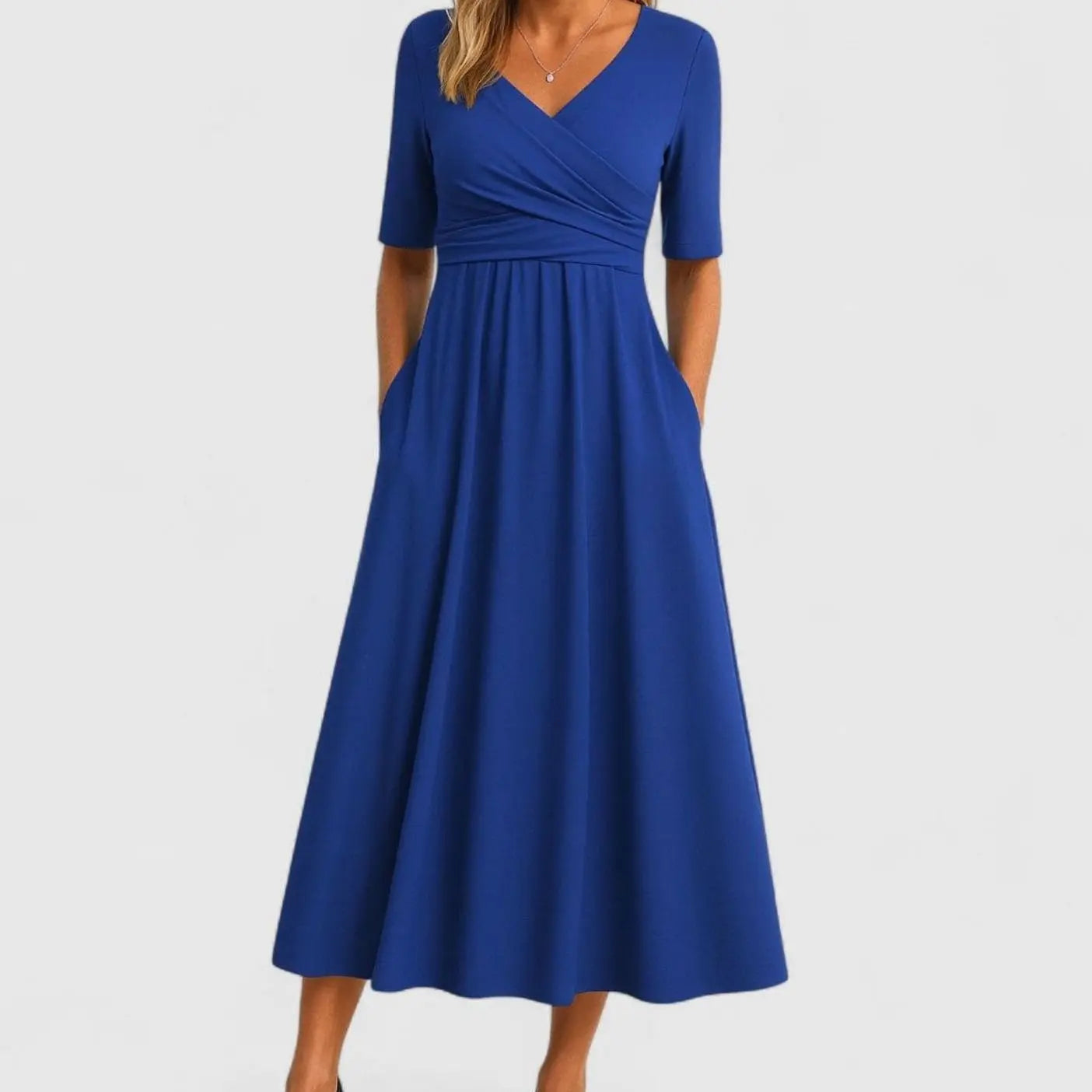 Women's V-Neck Crossover Ruched Waist Midi Dress Pockets - Blue