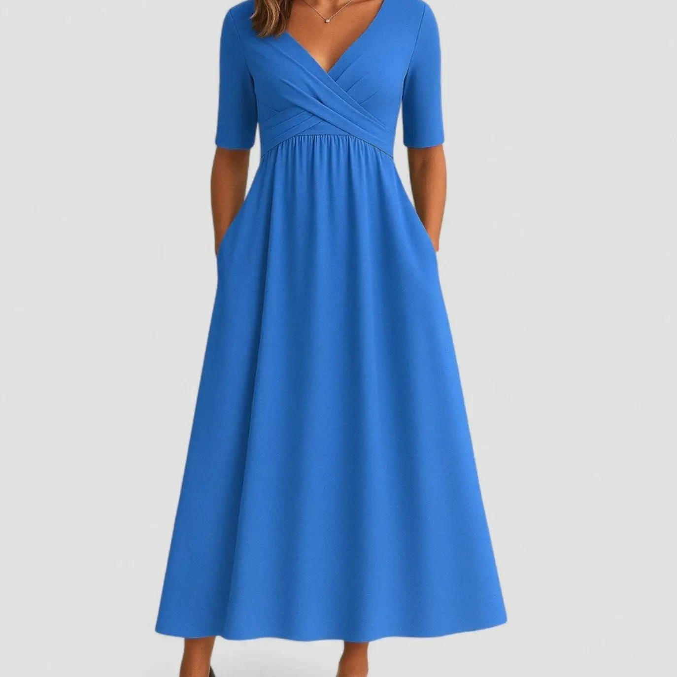 Women's V-Neck Crossover Ruched Waist Midi Dress Pockets - Azure